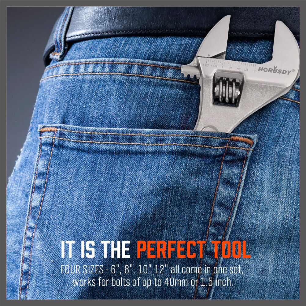 4Pc Adjustable Wrench Set Heavy Duty Shifter Spanner Wide Open Jaw 6"/8"/10"/12" 8