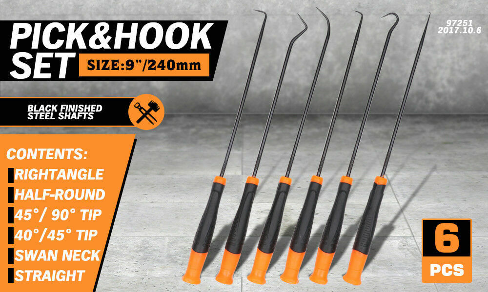 6Pc Extra Long Pick and Hook Set O Ring Seal Puller Remover Fuse Wire Scribe 3