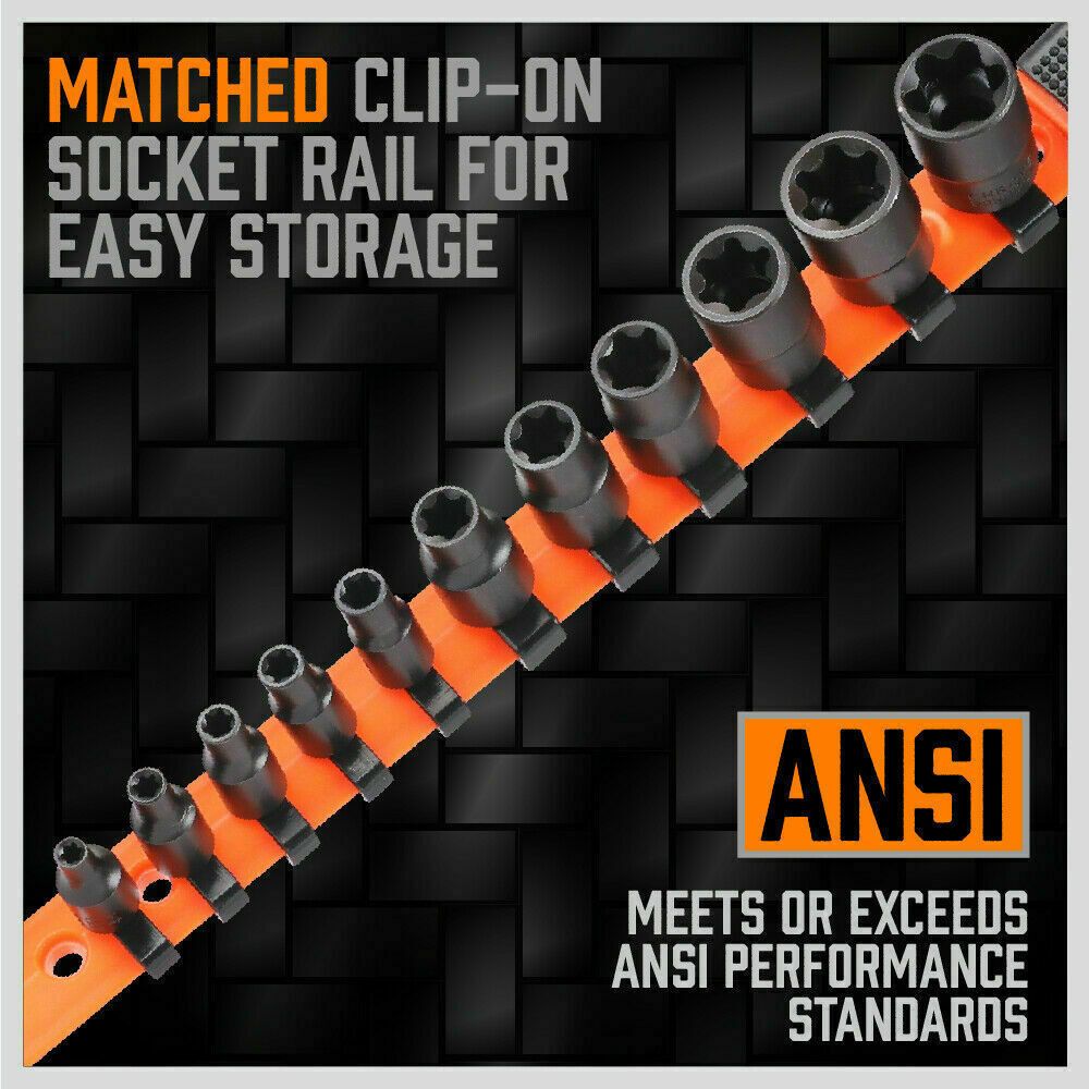 11Pc E-Torx Socket Set Female External Star Type E4-E20 3/8" 1/4" Dr. With Rail 6