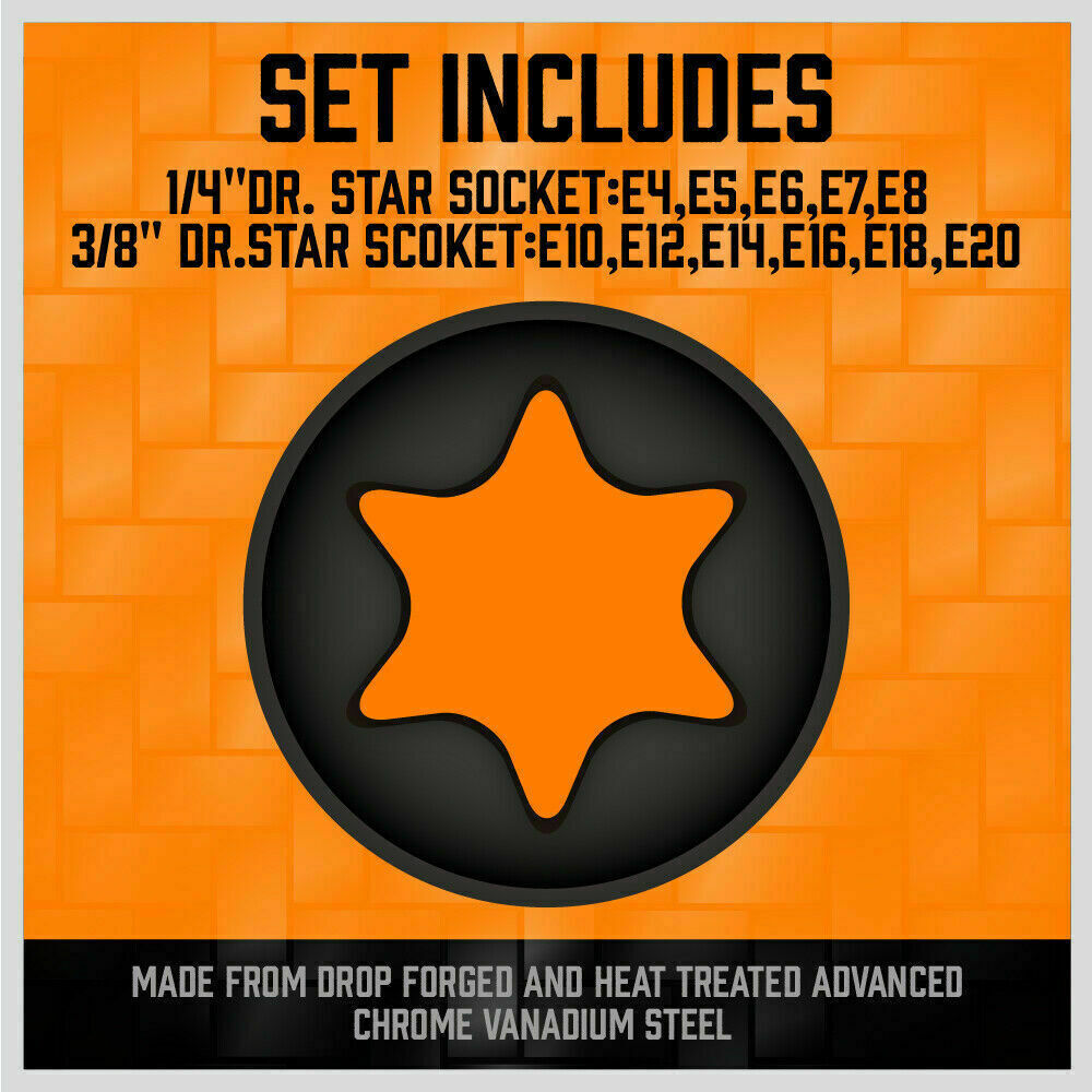 11Pc E-Torx Socket Set Female External Star Type E4-E20 3/8" 1/4" Dr. With Rail 8