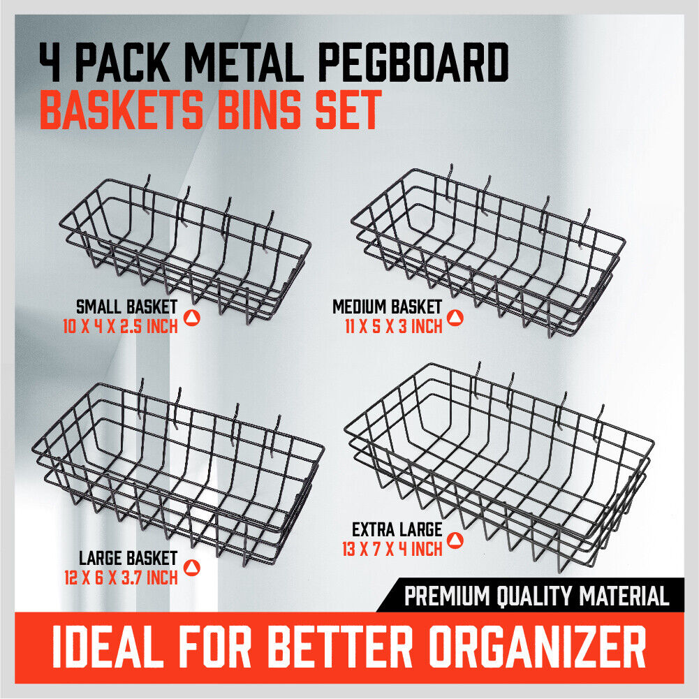 4Pc Pegboard Baskets Set Storage Bins Peg Board Organizer 4 Size Display Hangers 3