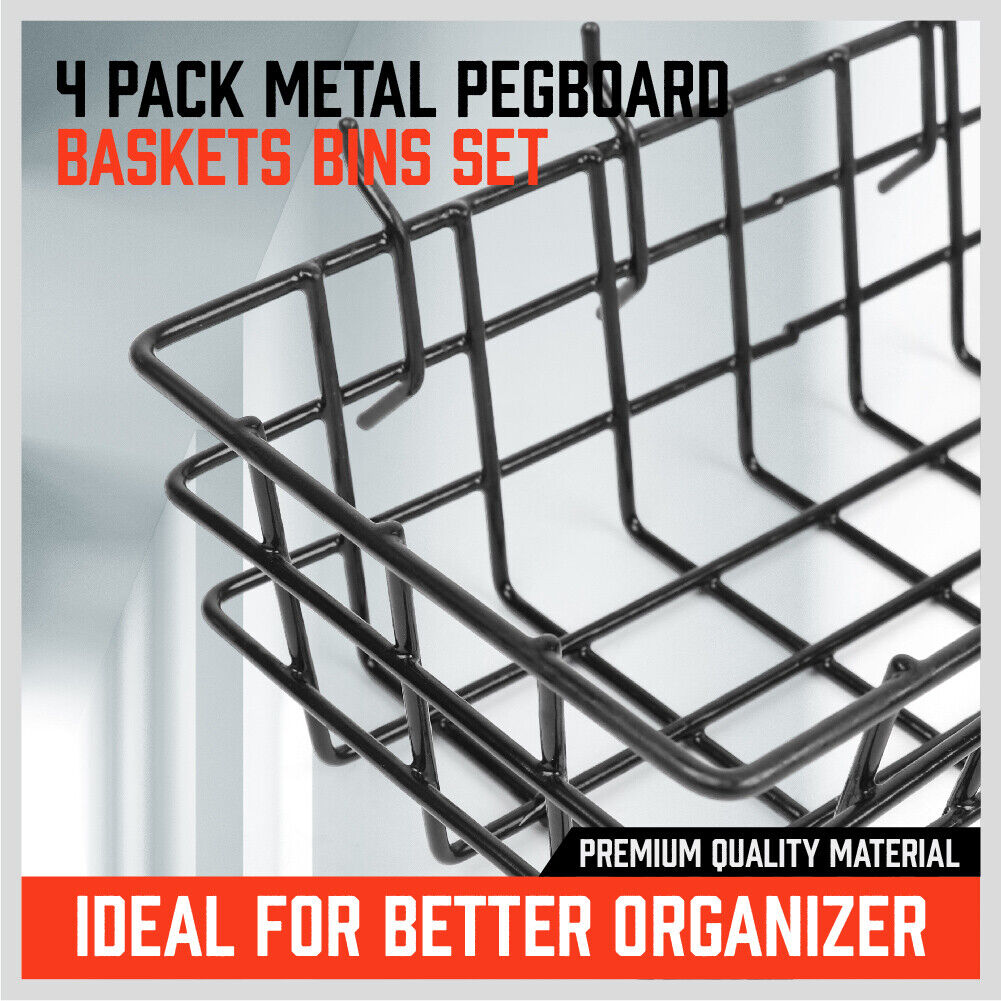 4Pc Pegboard Baskets Set Storage Bins Peg Board Organizer 4 Size Display Hangers 4