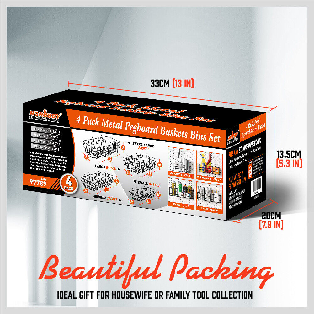 4Pc Pegboard Baskets Set Storage Bins Peg Board Organizer 4 Size Display Hangers 7