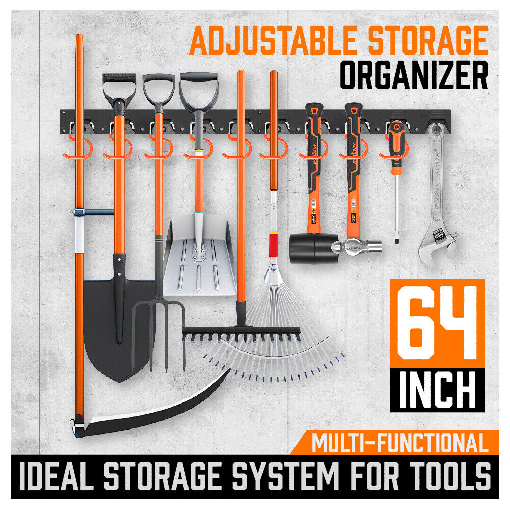 64" Wall Mount Tool Hanger Garden Storage Organizer Mop Broom Holder Hook Pegs 3