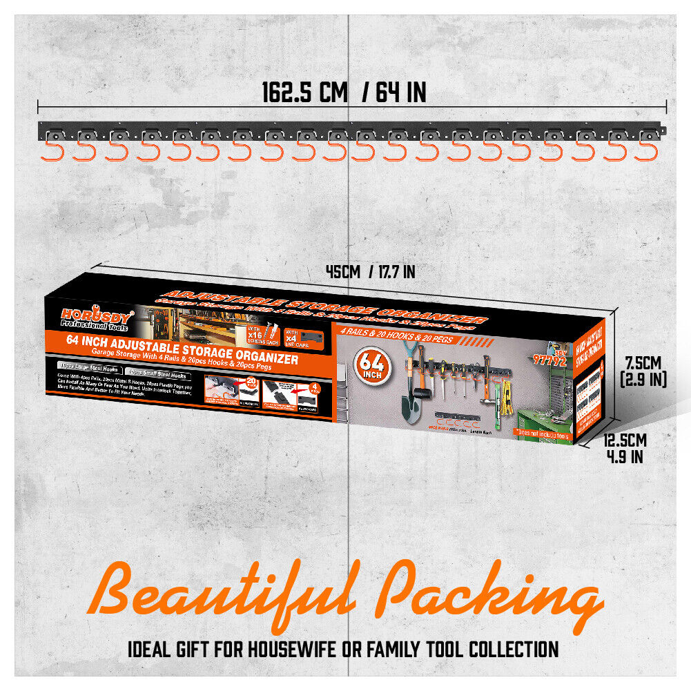 64" Wall Mount Tool Hanger Garden Storage Organizer Mop Broom Holder Hook Pegs 8