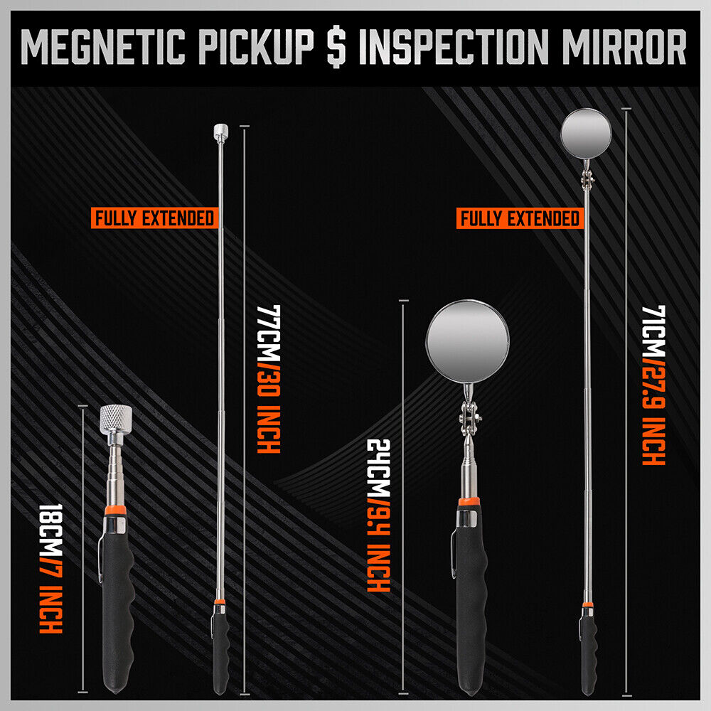 3Pc Magnetic Pick Up Tool Swivel Inspection Mirror Flexible Telescope LED Light 3