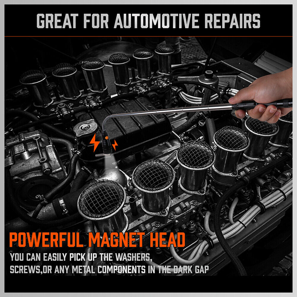 3Pc Magnetic Pick Up Tool Swivel Inspection Mirror Flexible Telescope LED Light 7
