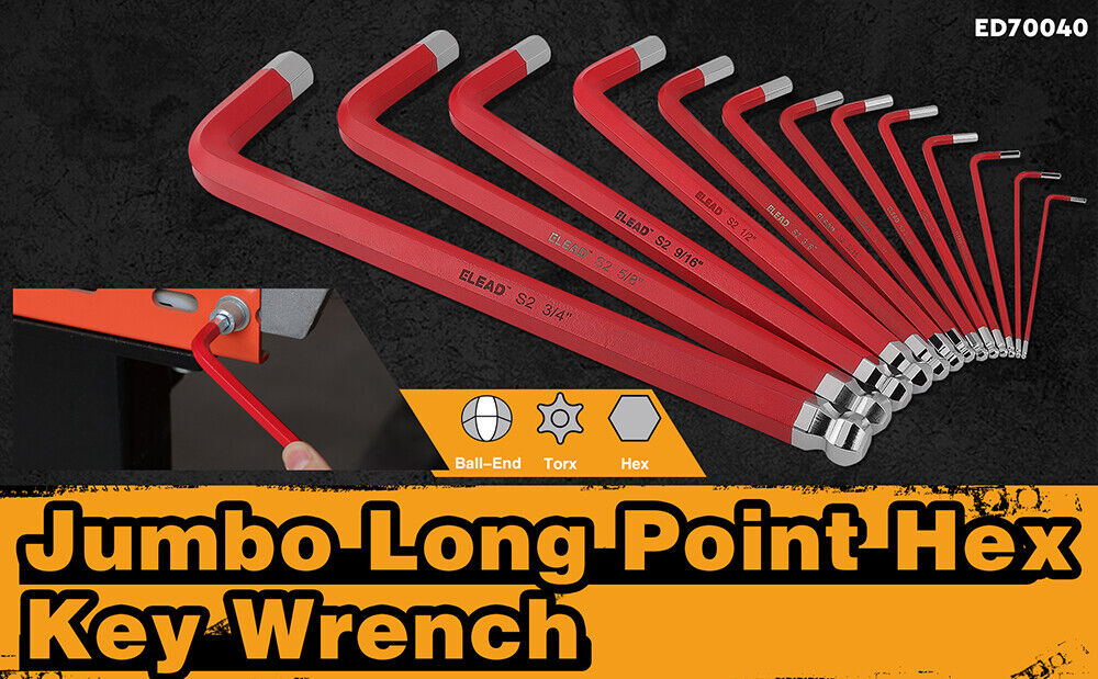 ELEAD 13Pc Extra Large Hex Key Set Long Allen Key Wrench Ball End SAE 5/64"-3/4 3