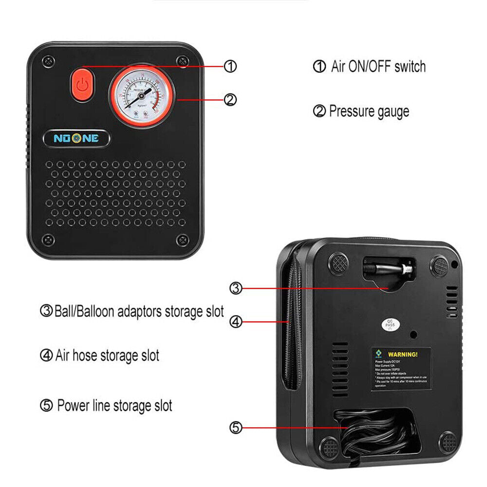 NOONE 1.9M Air Compressor Tire Inflator 12V Portable Car Tire Inflator Pump 60W 4
