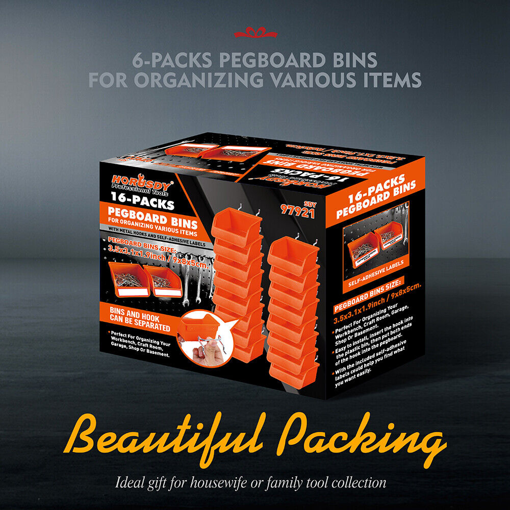 16Pc Pegboard Bins Peg Board Parts Storage With Steel Hooks Tools Organiser Tray 3