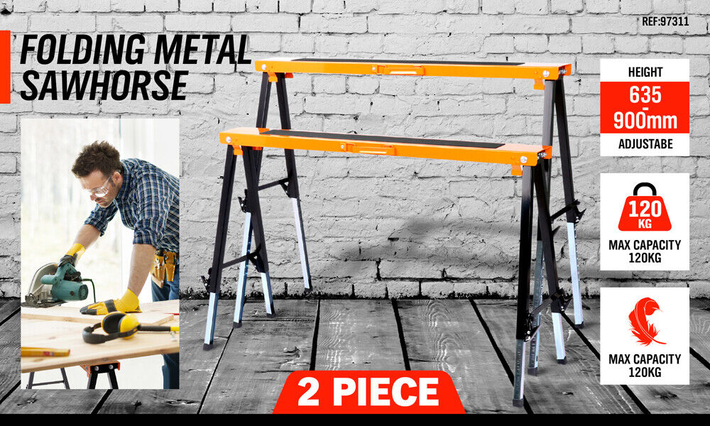 2Pc Mastercraft Sawhorse Metal Folding Non-slip Surface Saw Horse 120KG Capacity 3