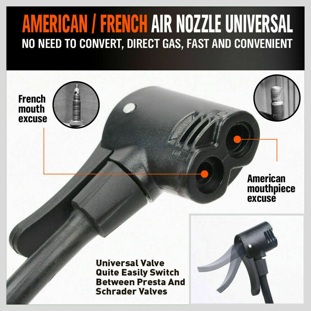 High Pressure Air Pump Bicycle Bike Alloy Floor Air Gauge Ball Balloon Nozzles 8