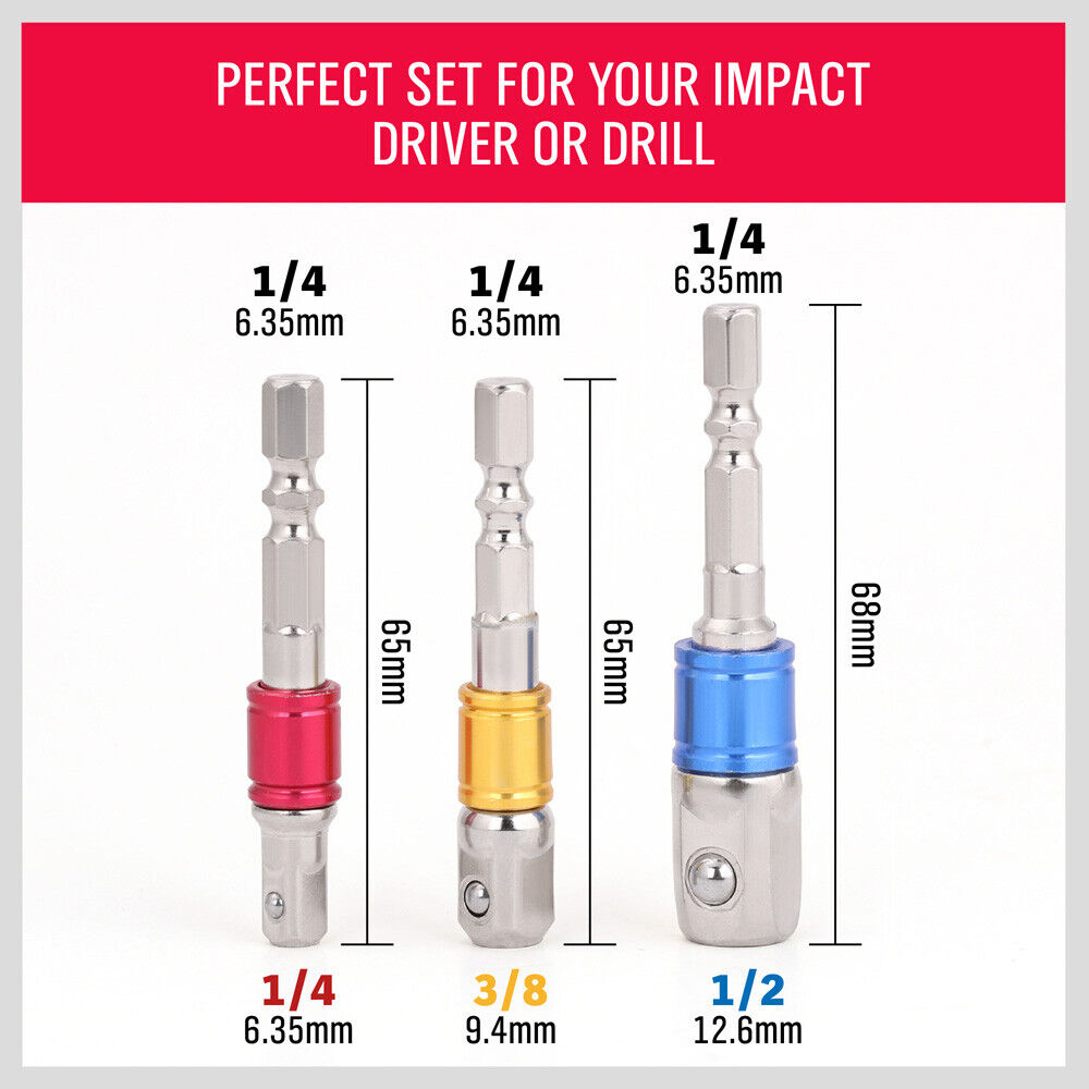 3Pc Socket Bit Adaptor Set Drill Nut Driver Power Extension Bars 1/4" 3/8" 1/2" 3