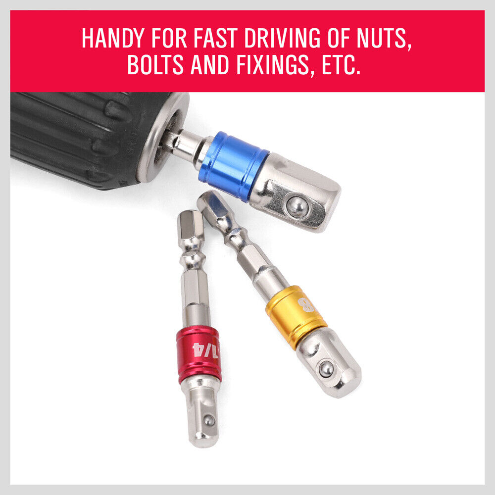 3Pc Socket Bit Adaptor Set Drill Nut Driver Power Extension Bars 1/4" 3/8" 1/2" 5