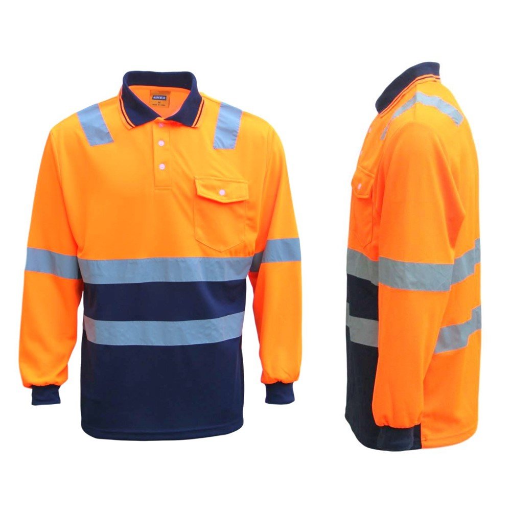 HI VIS Long Sleeve Workwear Shirt w Reflective Tape Cool Dry Safety Polo 2 Tone, Fluoro Orange / Navy, XL 3