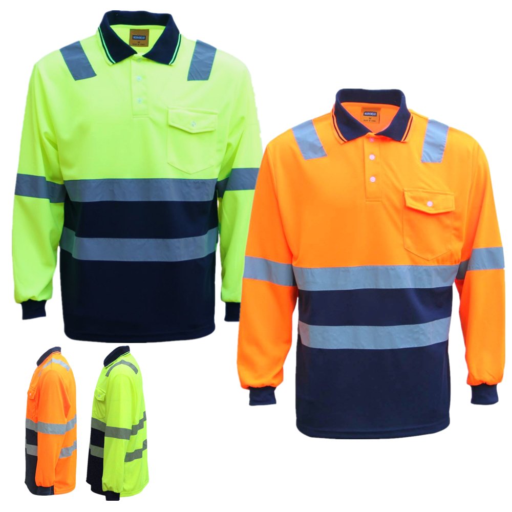HI VIS Long Sleeve Workwear Shirt w Reflective Tape Cool Dry Safety Polo 2 Tone, Fluoro Yellow /Navy, L