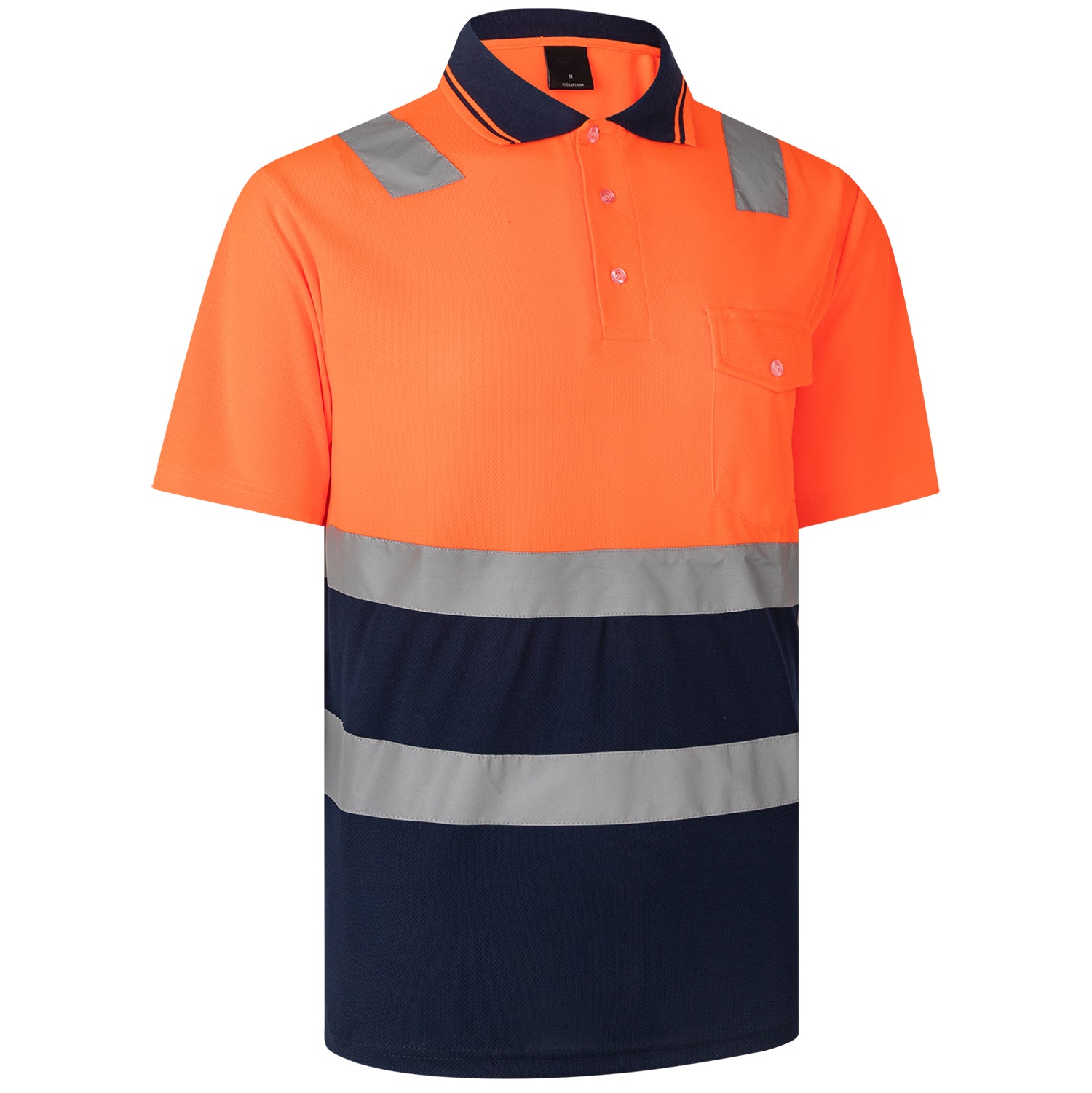 HI VIS Short Sleeve Workwear Shirt w Reflective Tape Cool Dry Safety Polo 2 Tone, Fluoro Orange / Navy, XL 12