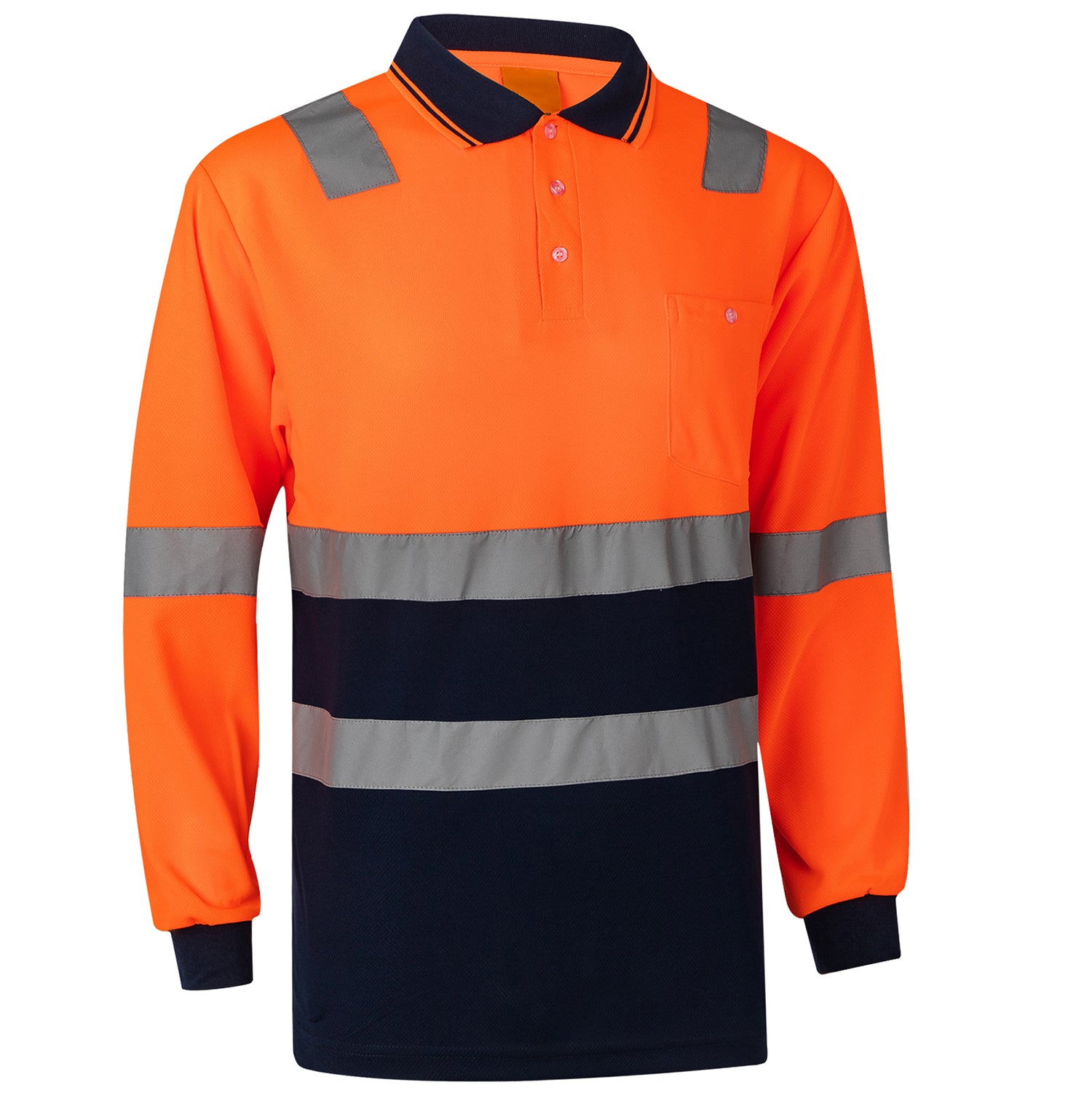 HI VIS Long Sleeve Workwear Shirt w Reflective Tape Cool Dry Safety Polo 2 Tone, Fluoro Yellow /Navy, 3XL 3