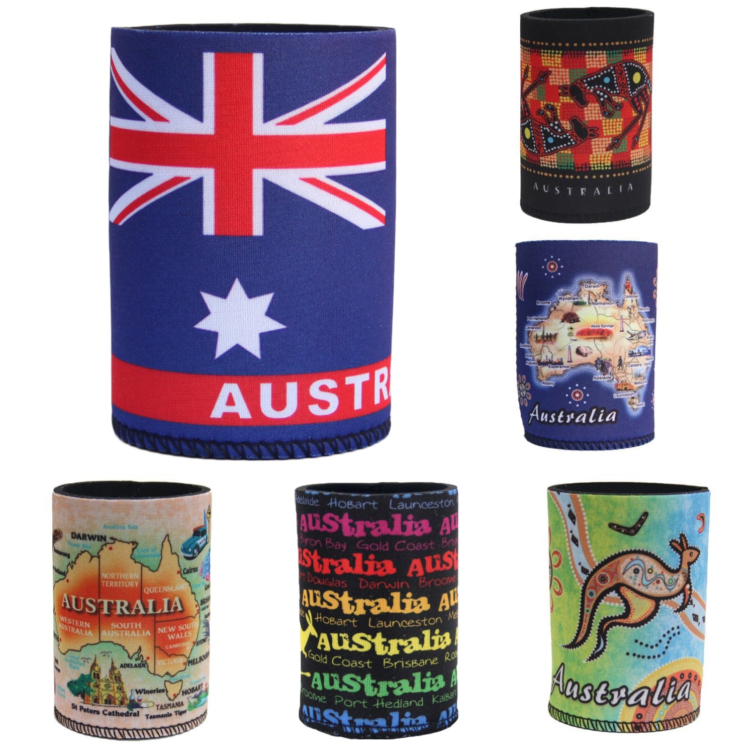 6x Australia Stubby Stubbie Holder Beer Bottle Tin Can Drink Alcohol Cooler Gift, Mixed Design