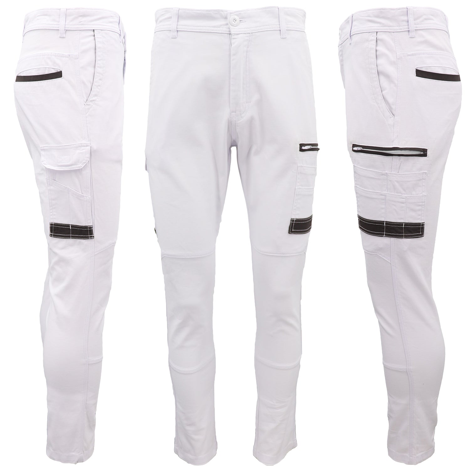 Men's Cotton Drill Cargo Work Pants UPF 50+ 13 Pockets Tradies Workwear Trousers, White, 34