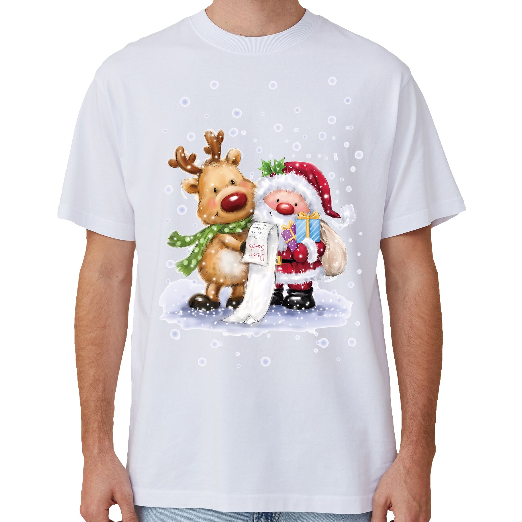 100% Cotton Christmas T-shirt Adult Unisex Tee Tops Funny Santa Party Custume, Reading Santa (White), L