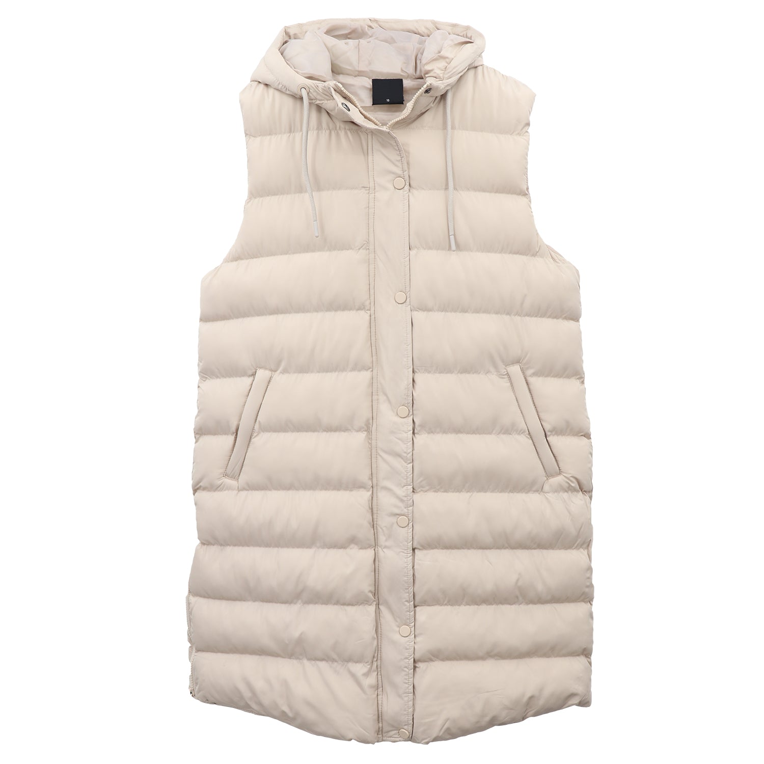 Women's Longline Padded Vest Hooded Jacket Puffer Puffy Quilted Zip Coat Gilet, Khaki, 18
