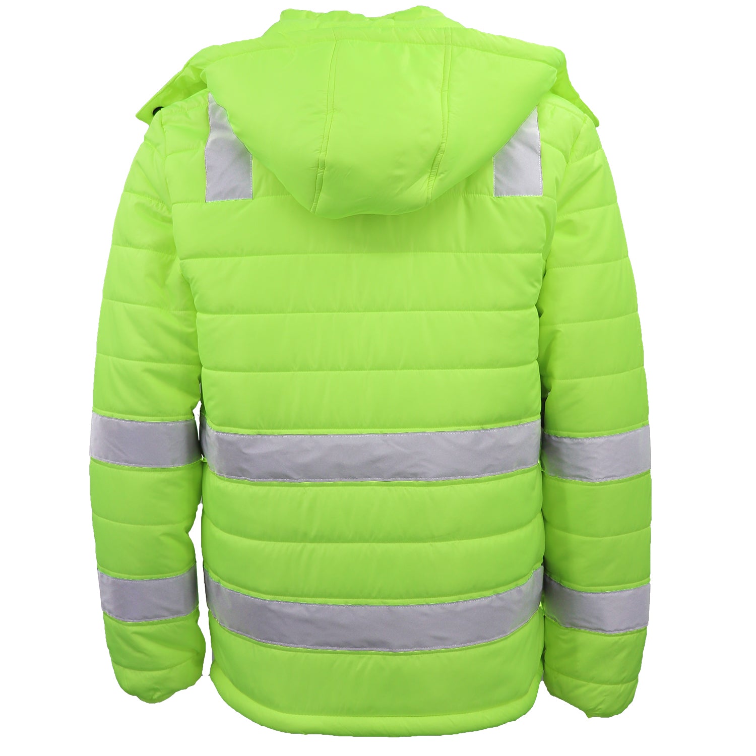 HI VIS Puffer Safety Jacket Reflective Tape Removable Hood Zip Pocket Puffy Coat, Fluro Yellow, 5XL