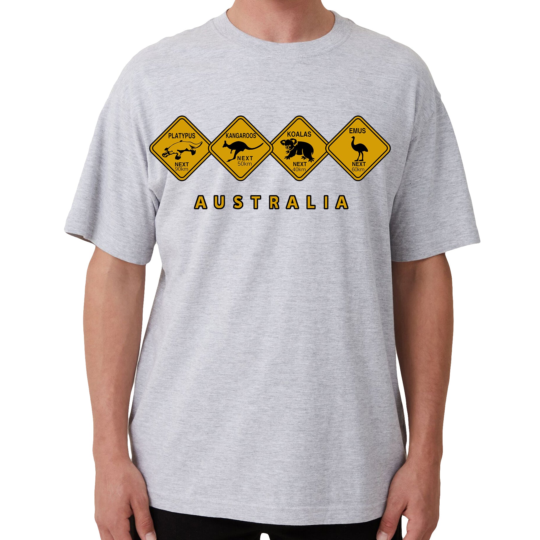 Adult Unisex 100% Cotton T Shirt Australia Wildlife Road Sign Souvenir Tee Tops, Grey, XL