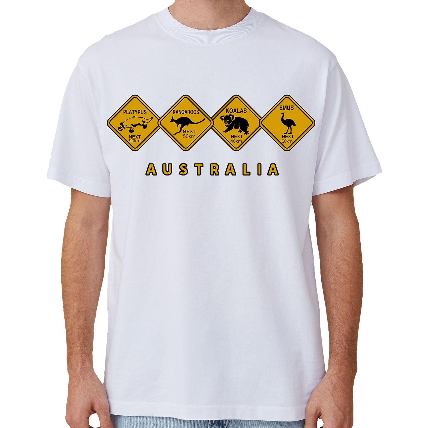 Adult Unisex 100% Cotton T Shirt Australia Wildlife Road Sign Souvenir Tee Tops, White, M