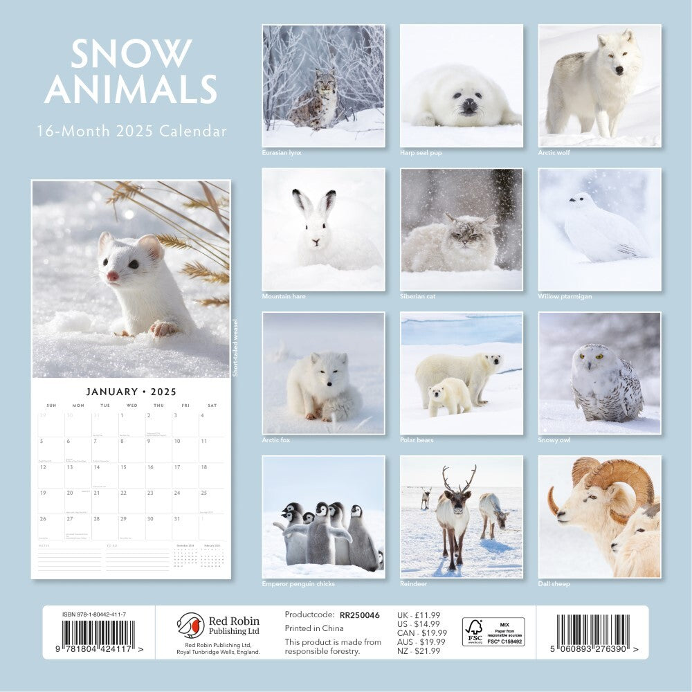 Snow Animals - 2025 Square Wall Calendar Animals 16 Months Premium Planner Gift 3