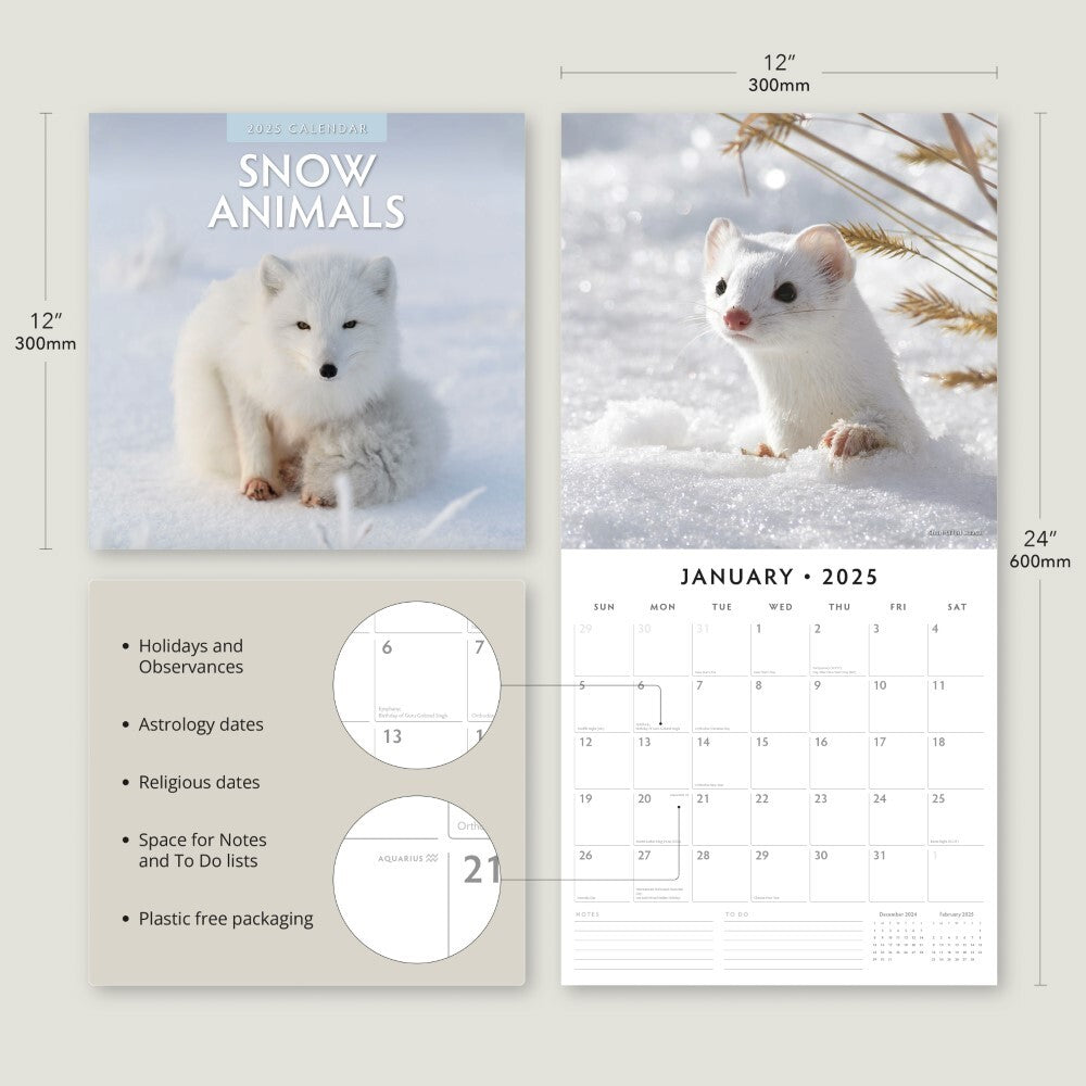 Snow Animals - 2025 Square Wall Calendar Animals 16 Months Premium Planner Gift 4