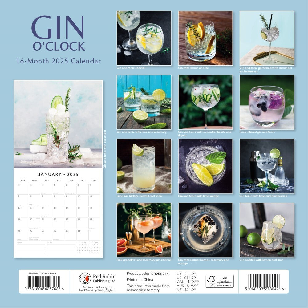Gin O'Clock - 2025 Square Wall Calendar Food & Drink 16 Months Premium Planner 3