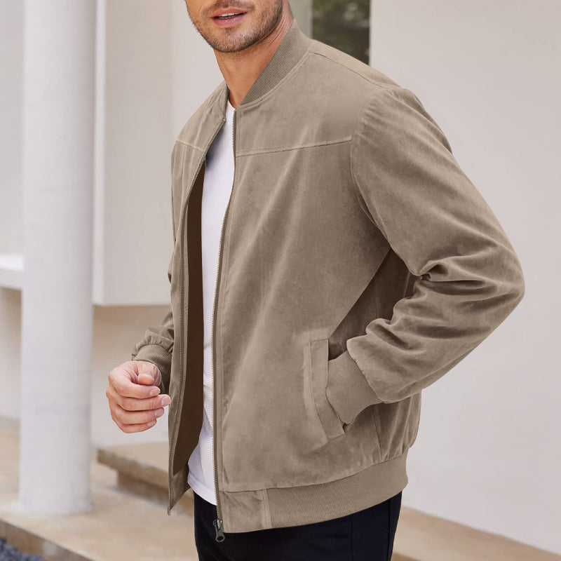 Men's Varsity Bomber Flight Jacket Breathable Windbreaker Zip Coat Faux Leather, Brown, L