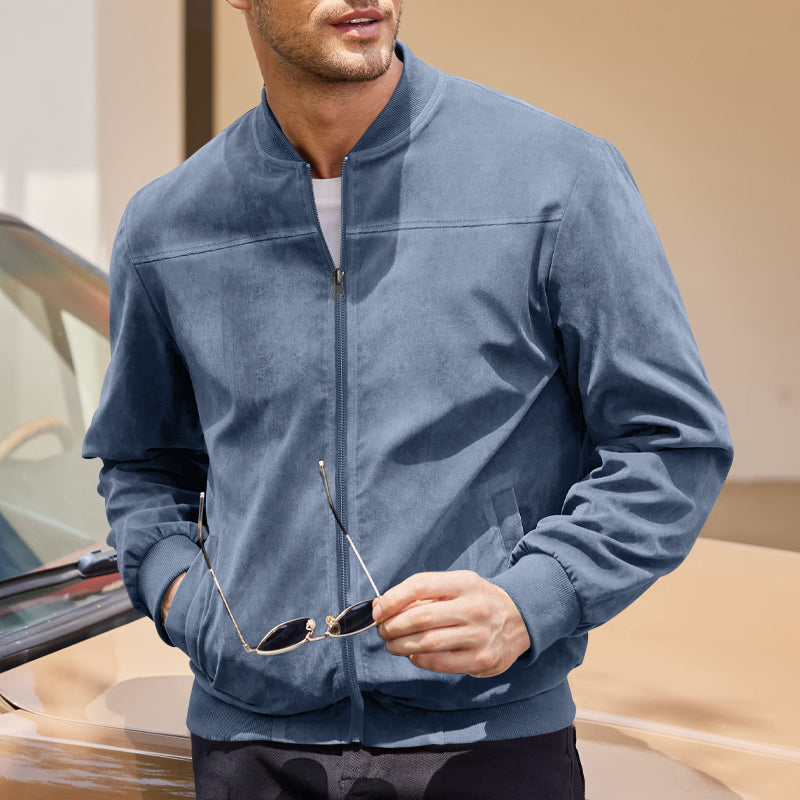 Men's Varsity Bomber Flight Jacket Breathable Windbreaker Zip Coat Faux Leather, Blue, S