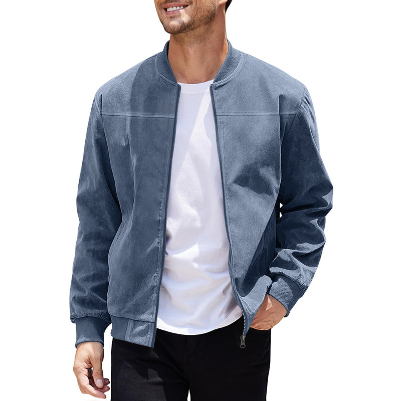 Men's Varsity Bomber Flight Jacket Breathable Windbreaker Zip Coat Faux Leather, Blue, XL