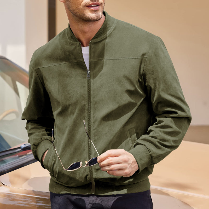 Men's Varsity Bomber Flight Jacket Breathable Windbreaker Zip Coat Faux Leather, Green, M