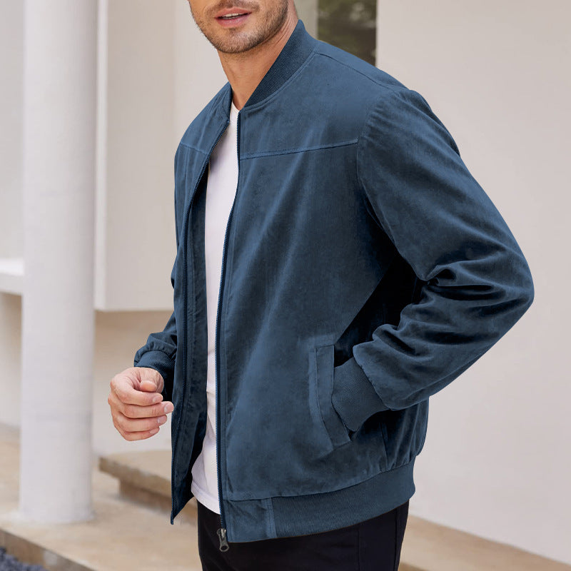 Men's Varsity Bomber Flight Jacket Breathable Windbreaker Zip Coat Faux Leather, Navy, S 4