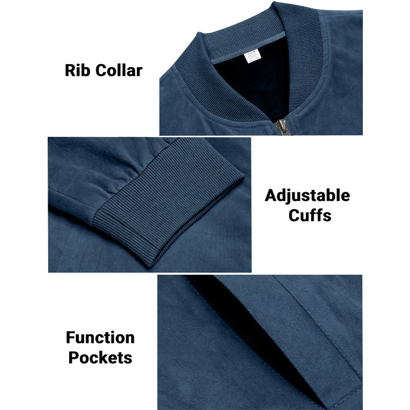 Men's Varsity Bomber Flight Jacket Breathable Windbreaker Zip Coat Faux Leather, Navy, S 6
