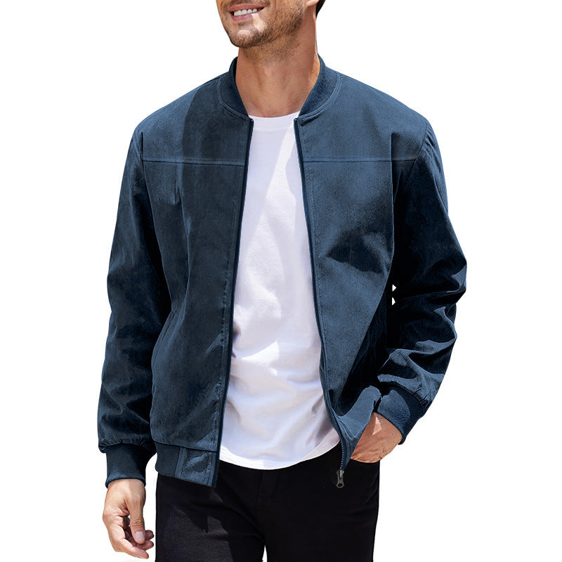 Men's Varsity Bomber Flight Jacket Breathable Windbreaker Zip Coat Faux Leather, Navy, L