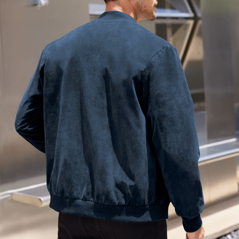 Men's Varsity Bomber Flight Jacket Breathable Windbreaker Zip Coat Faux Leather, Navy, L 5