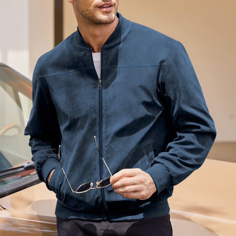 Men's Varsity Bomber Flight Jacket Breathable Windbreaker Zip Coat Faux Leather, Navy, 2XL