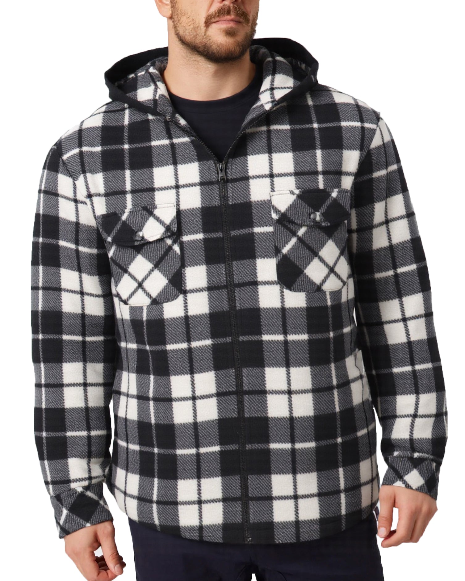 Men's Hooded Flannel Jacket Flannelette Plaid Fleece Shirt Zip Up Winter Coat, Black, XL