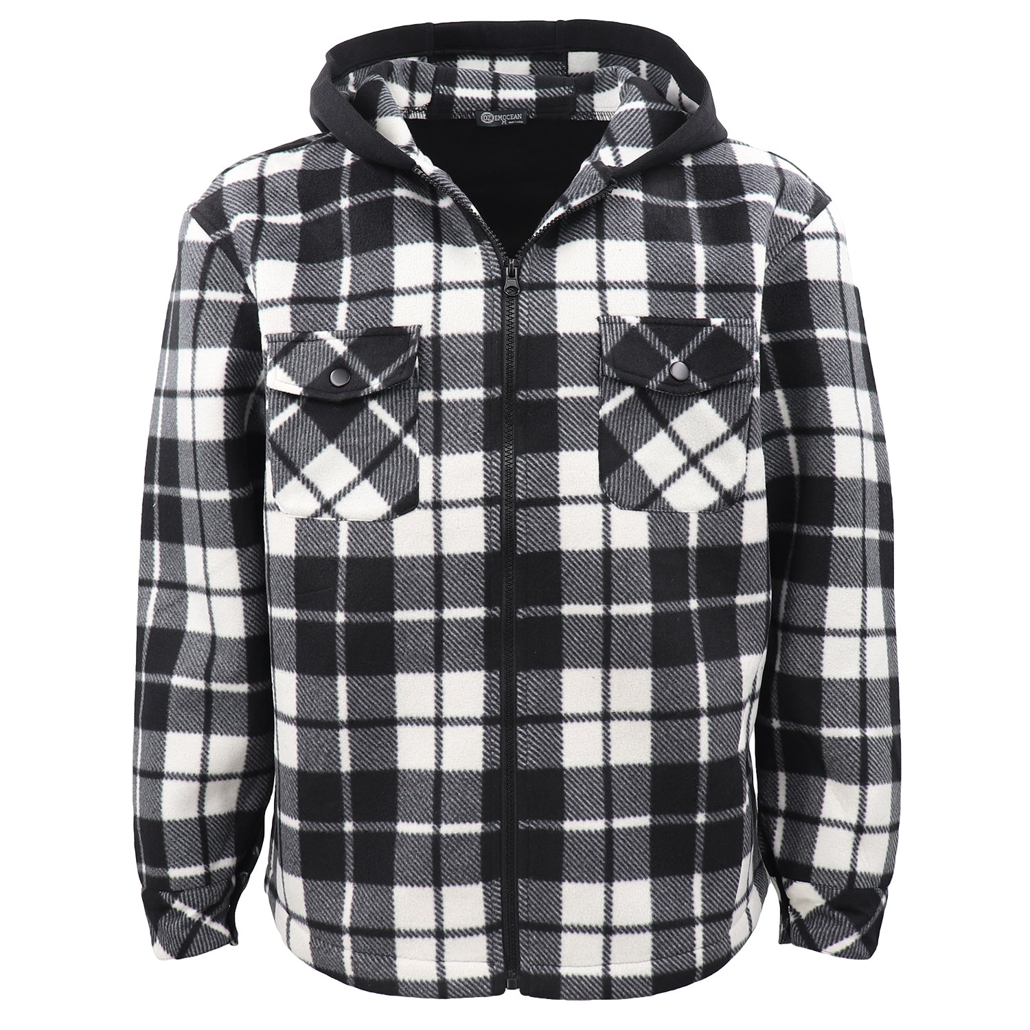 Men's Hooded Flannel Jacket Flannelette Plaid Fleece Shirt Zip Up Winter Coat, Black, 2XL