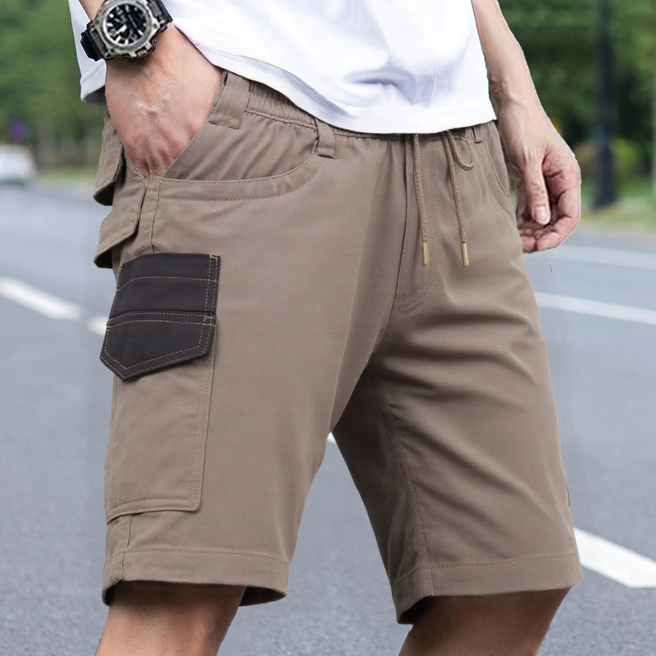 Mens Cargo Cotton Work Shorts 10 Pockets Tradies Utility Pants Workwear Trousers, Khaki, 34