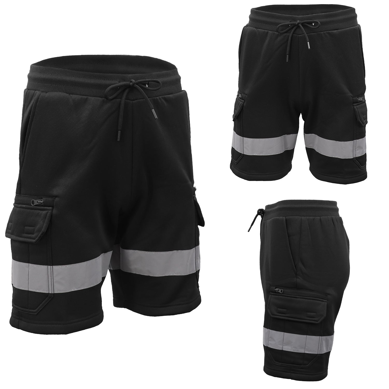 Hi Vis Fleece Work Cargo Shorts w Reflective Tape Workwear Tradie Utility Pants, Black, L