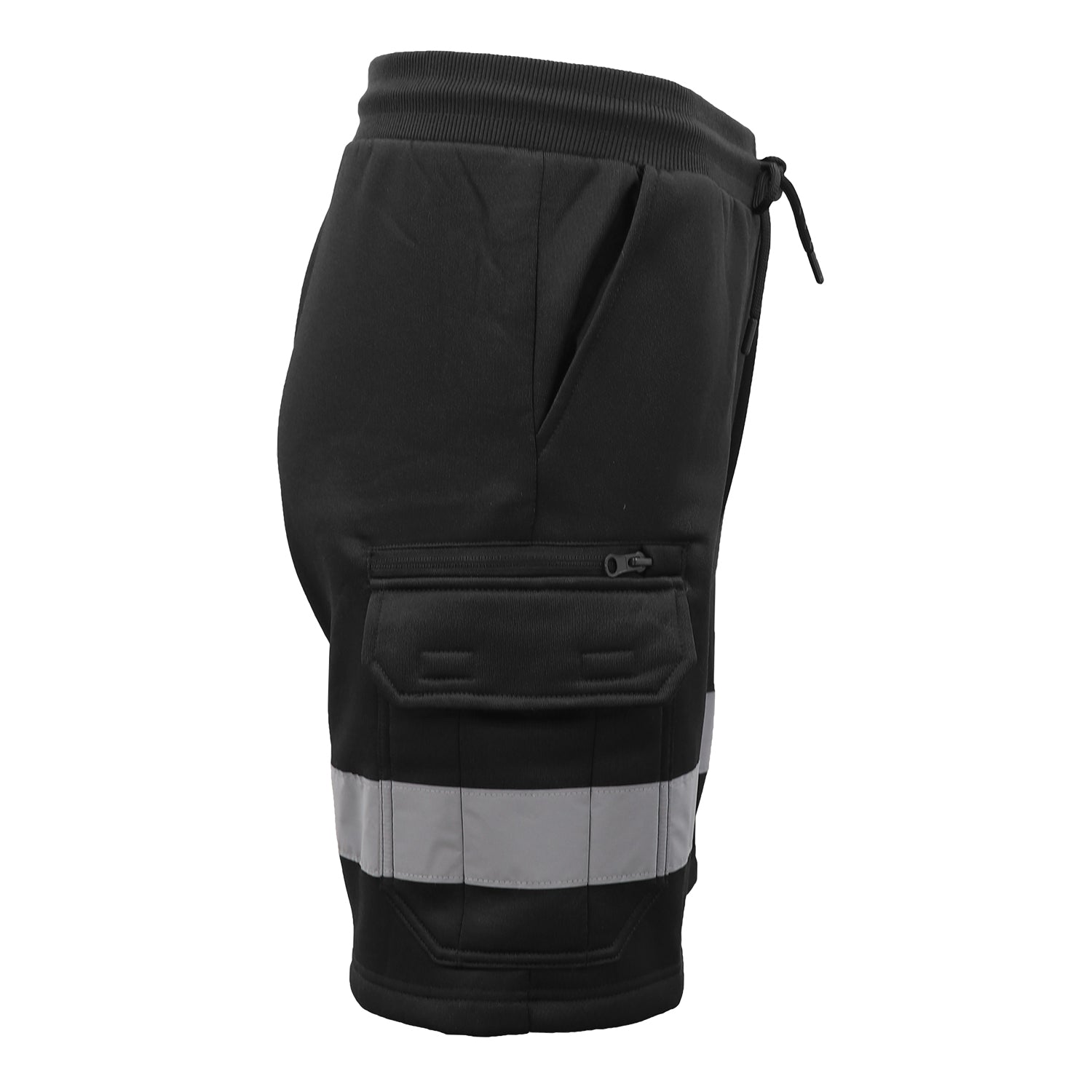 Hi Vis Fleece Work Cargo Shorts w Reflective Tape Workwear Tradie Utility Pants, Black, 2XL