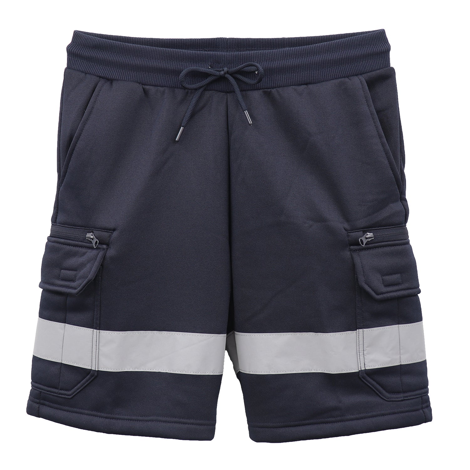 Hi Vis Fleece Work Cargo Shorts w Reflective Tape Workwear Tradie Utility Pants, Navy, S
