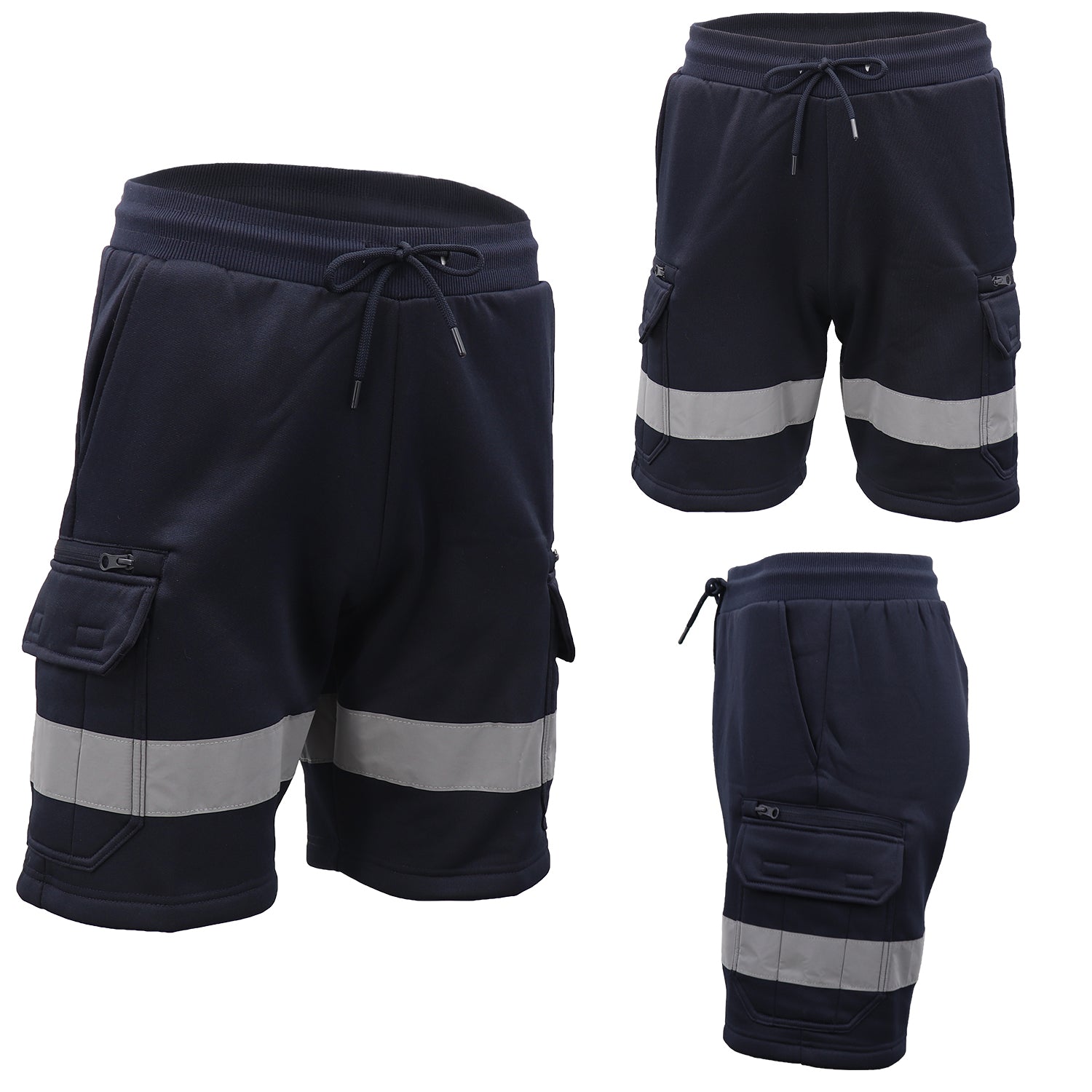 Hi Vis Fleece Work Cargo Shorts w Reflective Tape Workwear Tradie Utility Pants, Navy, 2XL