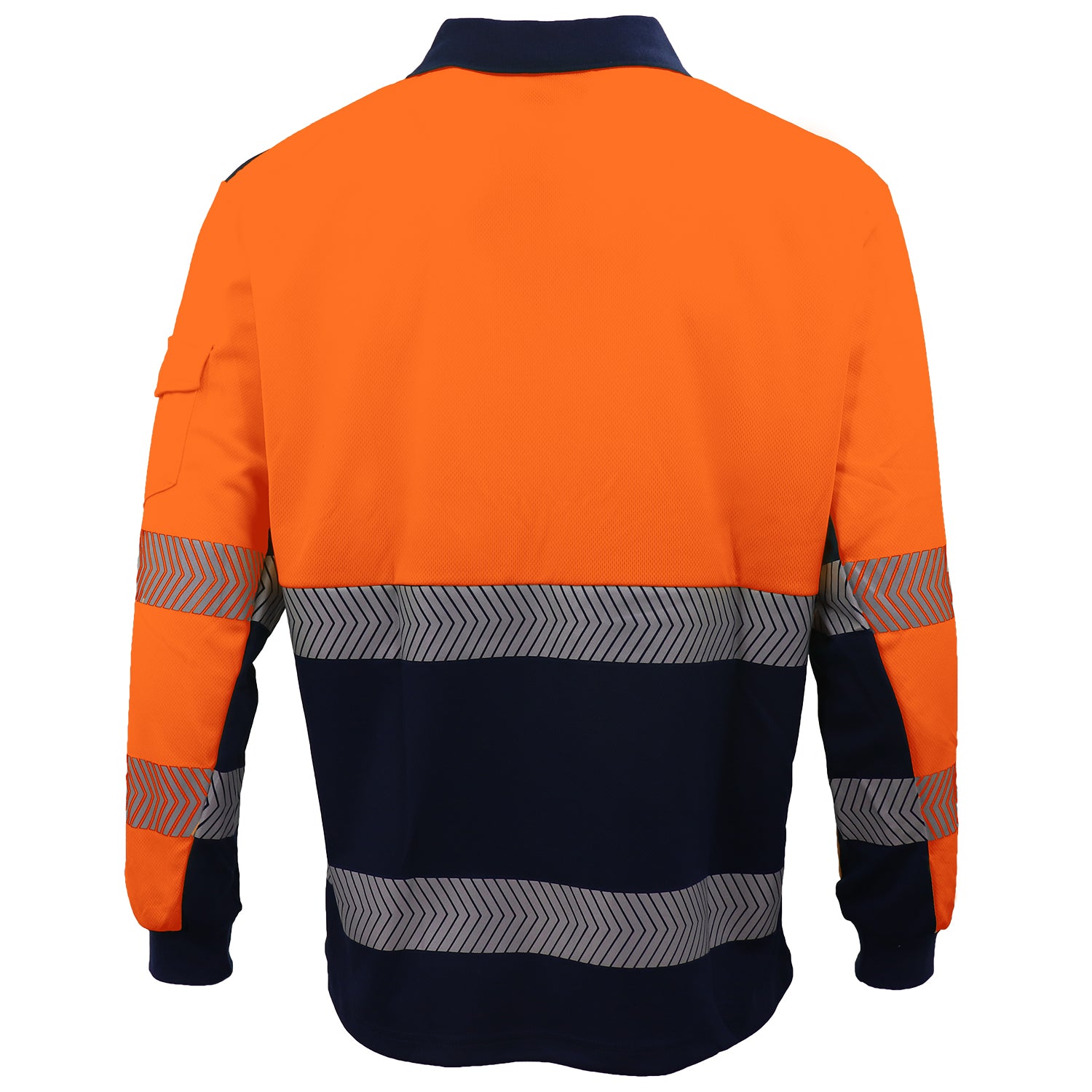 HI VIS Long Sleeve Polo Shirt Reflective Tape Safety Tradie Work Wear Tops Tee, Fluro Orange / Navy, XL