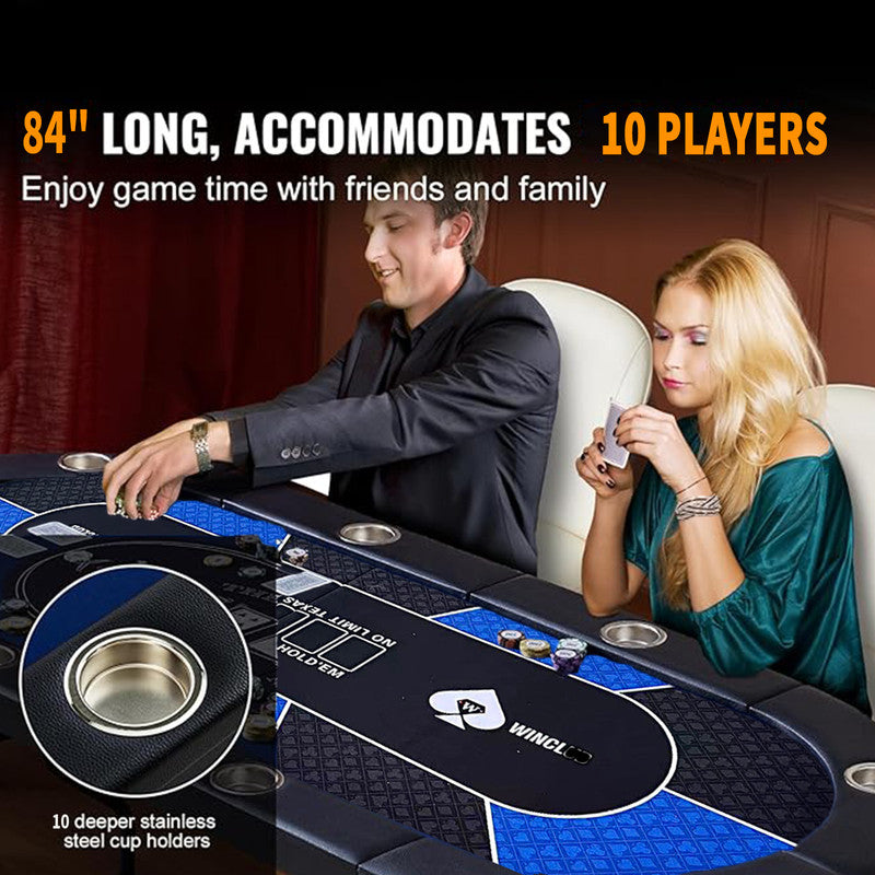 10 Player Foldable Blue Color Poker Table Blackjack Texas Holdem Table with Cup Holders 10